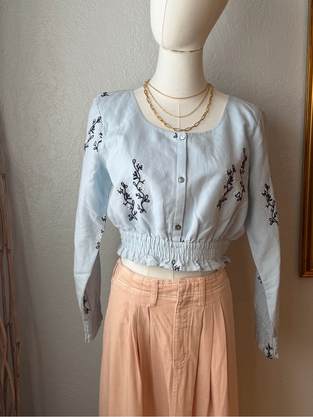 NWT~Something Navy ~ Light Blue Embroidered Cropped Button-Front Blouse S & M